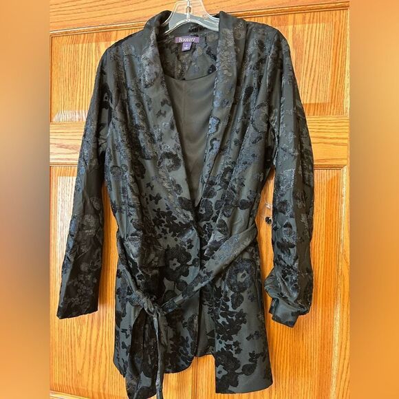 Roaman’s size 12 black velour long sleeve jacket belted lined - Picture 1 of 9